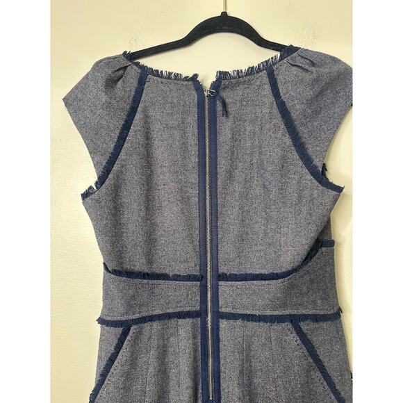 Rebecca Taylor Tweed Sheath Mini Dress Size 8 Blue Wool Blend Fray Fringe Career - Picture 5 of 9